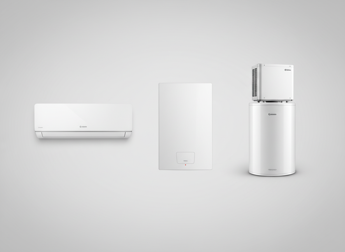 A clean, professional product showcase image on a white or light gray background. Three products displayed side by side: on the left, a modern wall-mounted split air conditioning unit (white, sleek); in the center, a flat wall-mounted electric water heater (white, rectangular, slim profile); on the right, a thermodynamic monobloc heat pump water heater (white cylindrical tank with integrated heat pump on top). Clean studio lighting, photorealistic style, no text, high quality commercial product photography aesthetic.